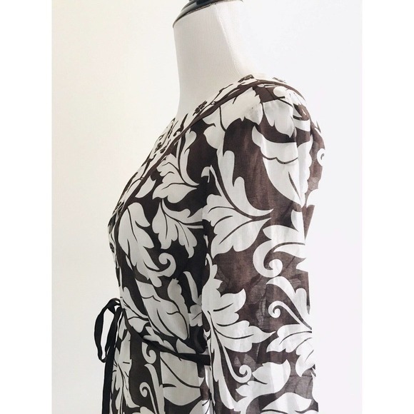 Bebe | Floral V-neck Tunic Size S Brown Silk Cotton Side Split Pullover Shirt - Picture 8 of 9